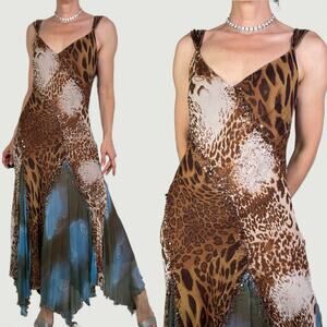 Cache silk beaded sequin leopard print maxi dress prom cocktail gown formal 6